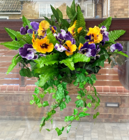 Wall Hanging Baskets with purple pansies